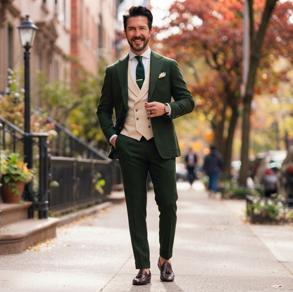 Mens Dark Green Three Piece Suit, Cream Waistcoat, Groom Wedding Suit, Peak Lapel Tuxedo, Custom Made Prom Suit