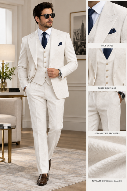 Men’s White Three Piece Suit, Textured Ivory Suit, Wide Lapel