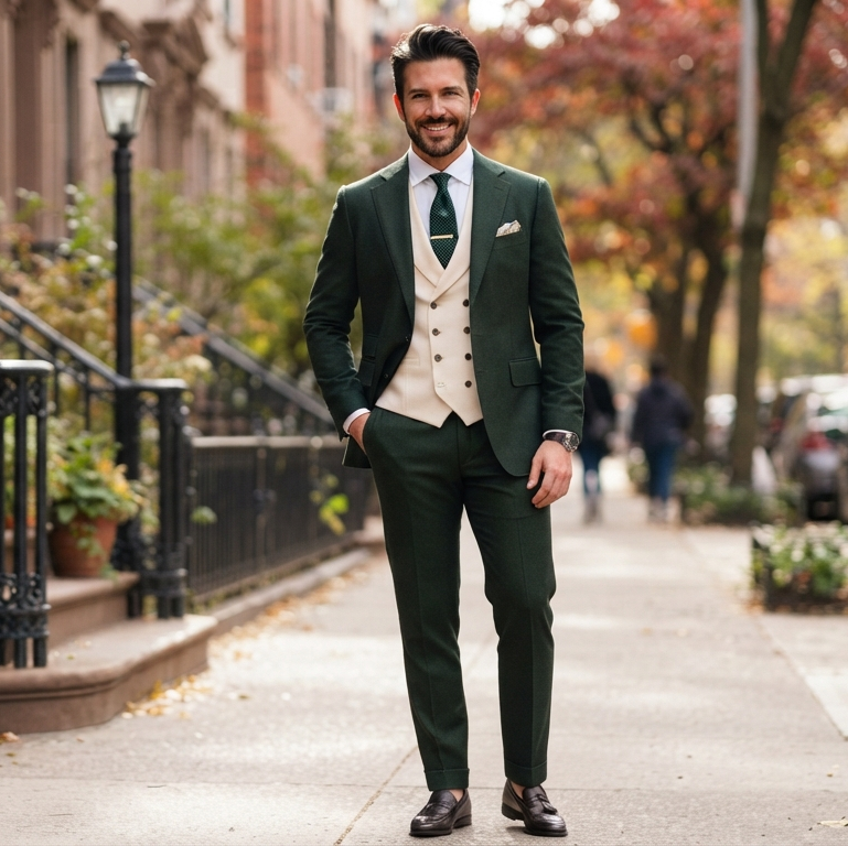 Mens Dark Green Three Piece Suit, Cream Waistcoat, Groom Wedding Suit, Peak Lapel Tuxedo, Custom Made Prom Suit