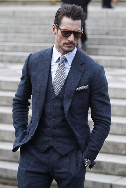 Navy Blue Three-Piece Suit in Premium Tweed Wool Fabric – Classic & Timeless Elegance