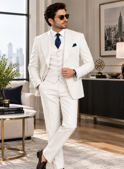 Men’s White Three Piece Suit, Textured Ivory Suit, Wide Lapel