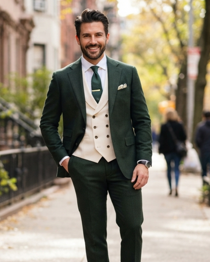Mens Dark Green Three Piece Suit, Cream Waistcoat, Groom Wedding Suit, Peak Lapel Tuxedo, Custom Made Prom Suit