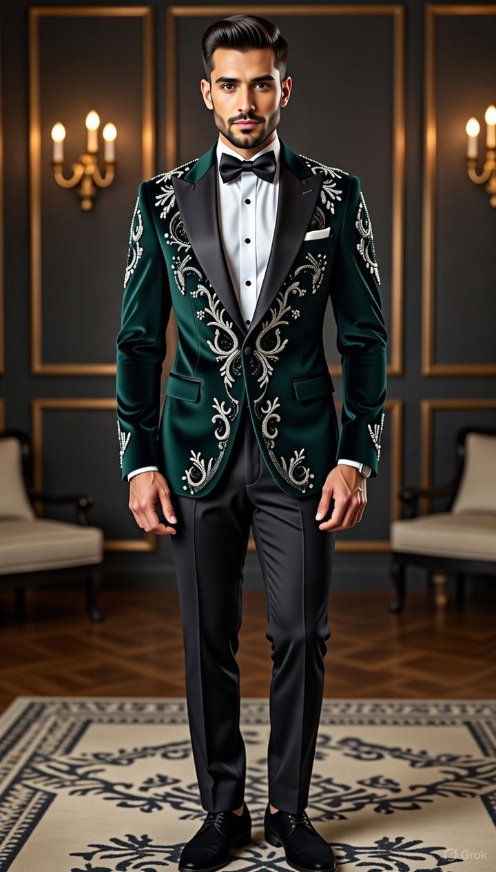 Emerald Velvet Wedding Tuxedo Suit, Zardozi & Thread Embroidered Groom Outfit