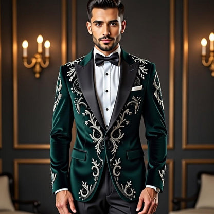 Emerald Velvet Wedding Tuxedo Suit, Zardozi & Thread Embroidered Groom Outfit