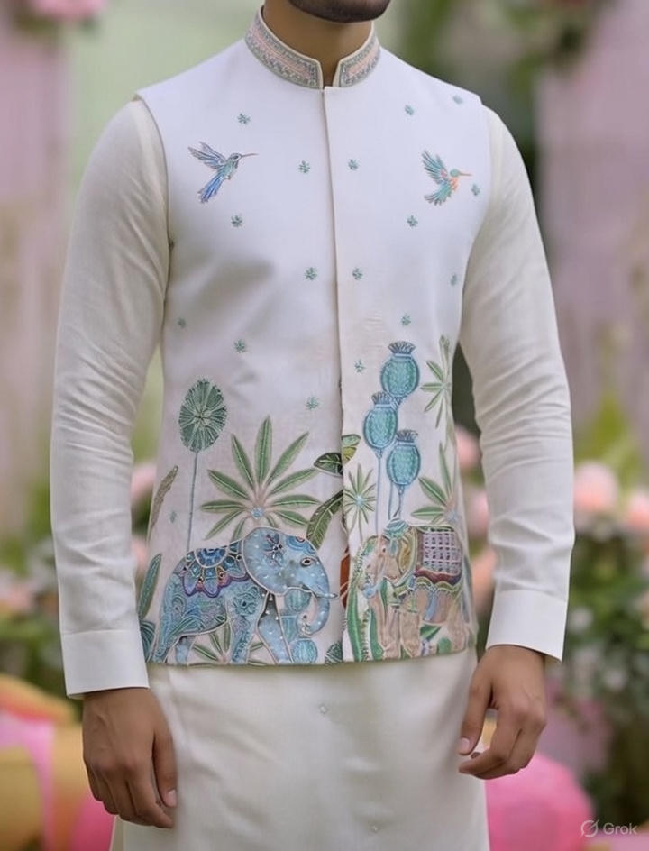Off-White Elegant Bandhgala Kurta Jacket Set, Groom Wedding Outfit with Zardozi & Hand Block Printing