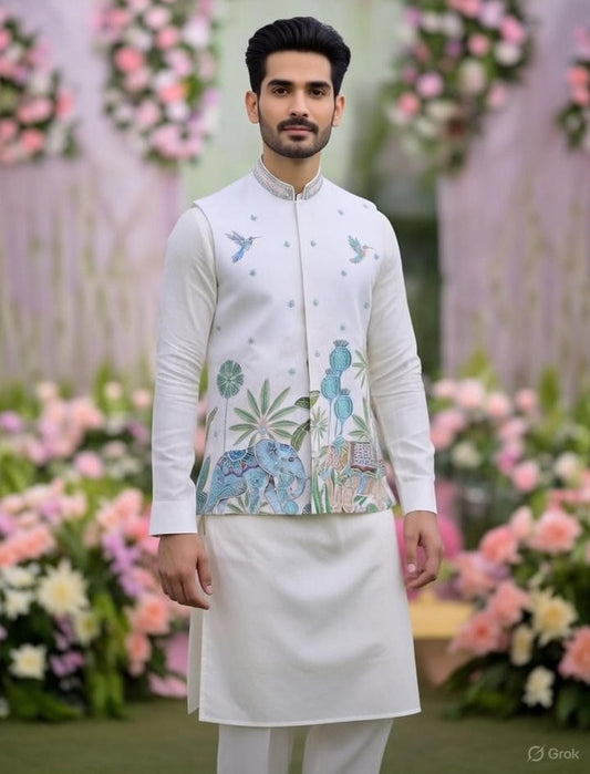 Off-White Elegant Bandhgala Kurta Jacket Set, Groom Wedding Outfit with Zardozi & Hand Block Printing