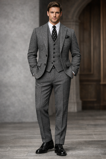 Charcoal Grey Herringbone Tweed 3-Piece Suit, Elegant Groom & Wedding Suit