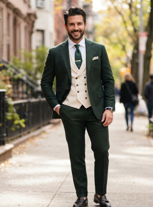 Mens Dark Green Three Piece Suit, Cream Waistcoat, Groom Wedding Suit, Peak Lapel Tuxedo, Custom Made Prom Suit