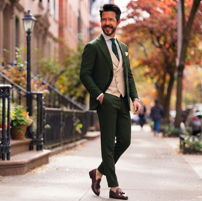 Mens Dark Green Three Piece Suit, Cream Waistcoat, Groom Wedding Suit, Peak Lapel Tuxedo, Custom Made Prom Suit