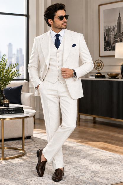 Men’s White Three Piece Suit, Textured Ivory Suit, Wide Lapel