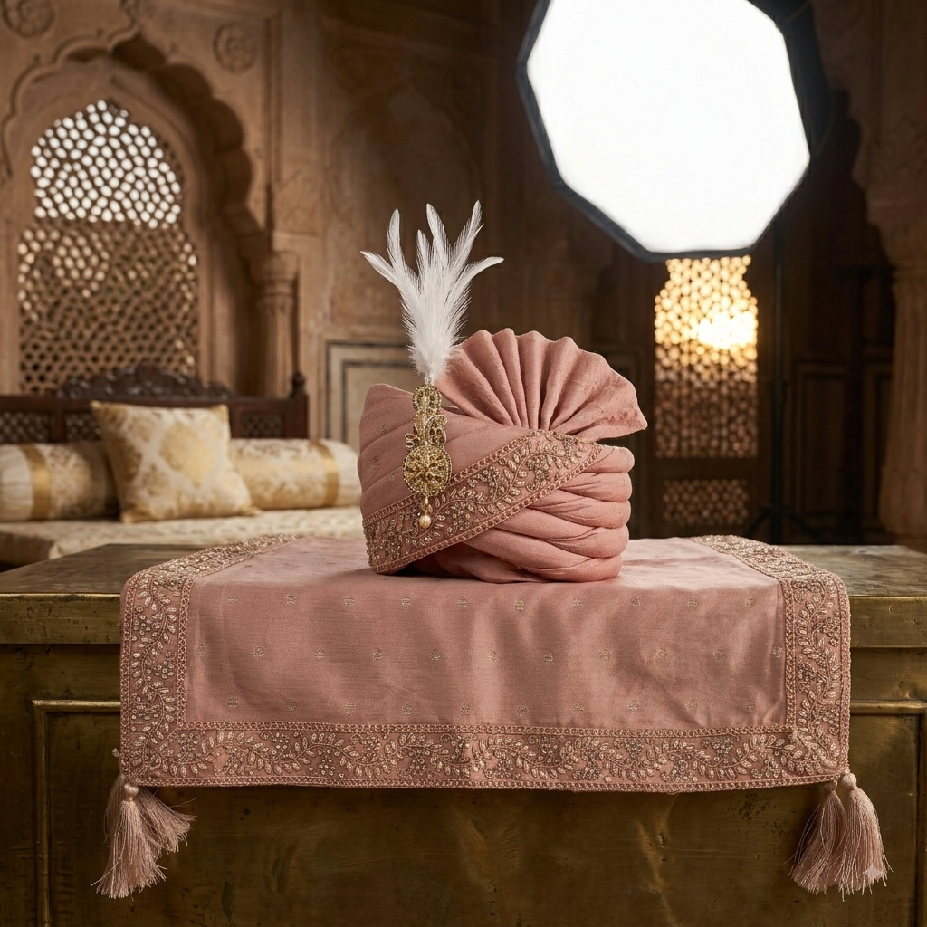 Luxurious Dusty Rose Groom Turban Shawl in Silk with Lace Detailing – Lightweight & Adjustable (Shawl 65x250 cm)