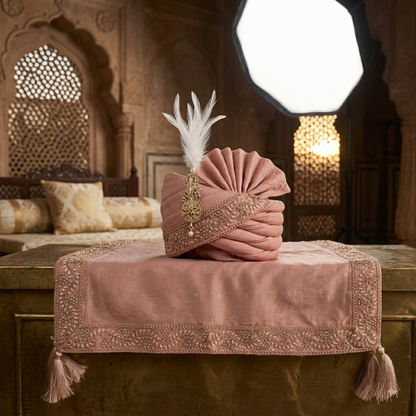 Luxurious Dusty Rose Groom Turban Shawl in Silk with Lace Detailing – Lightweight & Adjustable (Shawl 65x250 cm)