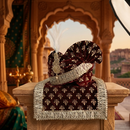 Indian Groom Turban & Shawl Set for Men, Embroidery Border Stole for Sherwani
