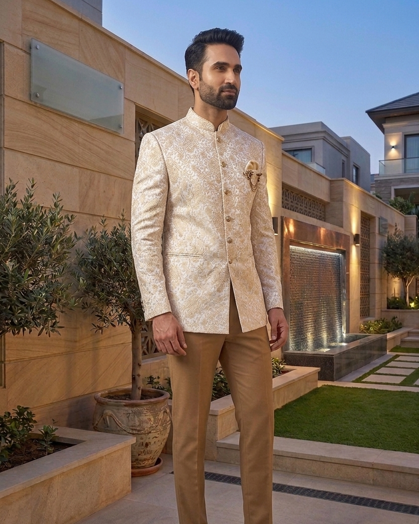 Customizable Beige Jodhpuri Suit in Luxurious Jacquard Fabric, Timeless Elegance, Tailored to You