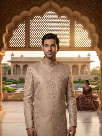 Royal Beige Indo-Western Sherwani Suit for Groom, Custom Tailored Silk Men's Achkan Kurta for Wedding, Reception