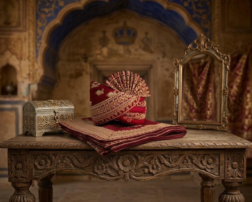 Red Wedding Turban & Shawl Set, Indian Groom Safa Combo with Golden Embroidery