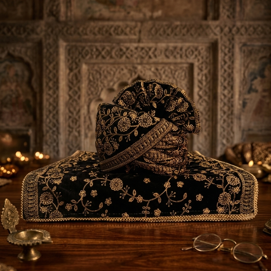 Elegant Black Velvet Groom Turban Shawl with Golden Thread Embroidery & Removable Kalangi – Lightweight & Adjustable  (Shawl 65x250 cm)