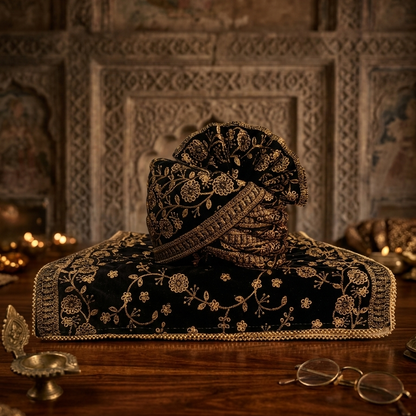 Elegant Black Velvet Groom Turban Shawl with Golden Thread Embroidery & Removable Kalangi – Lightweight & Adjustable  (Shawl 65x250 cm)