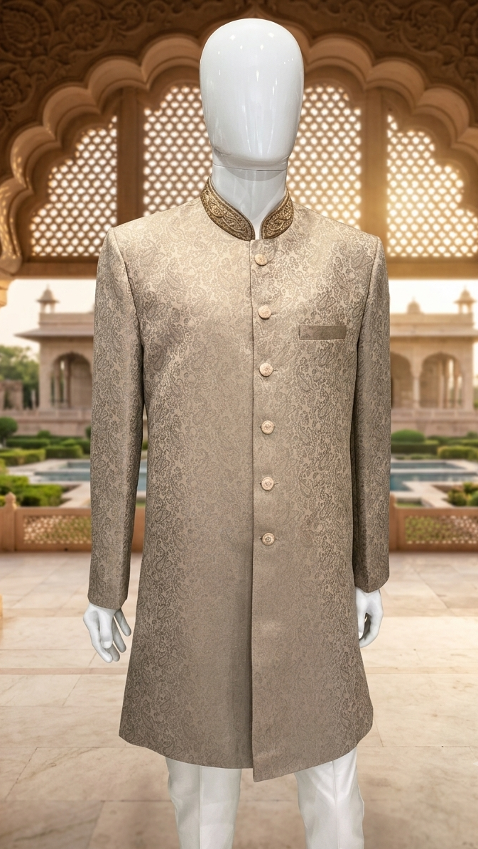 Royal Beige Indo-Western Sherwani Suit for Groom, Custom Tailored Silk Men's Achkan Kurta for Wedding, Reception