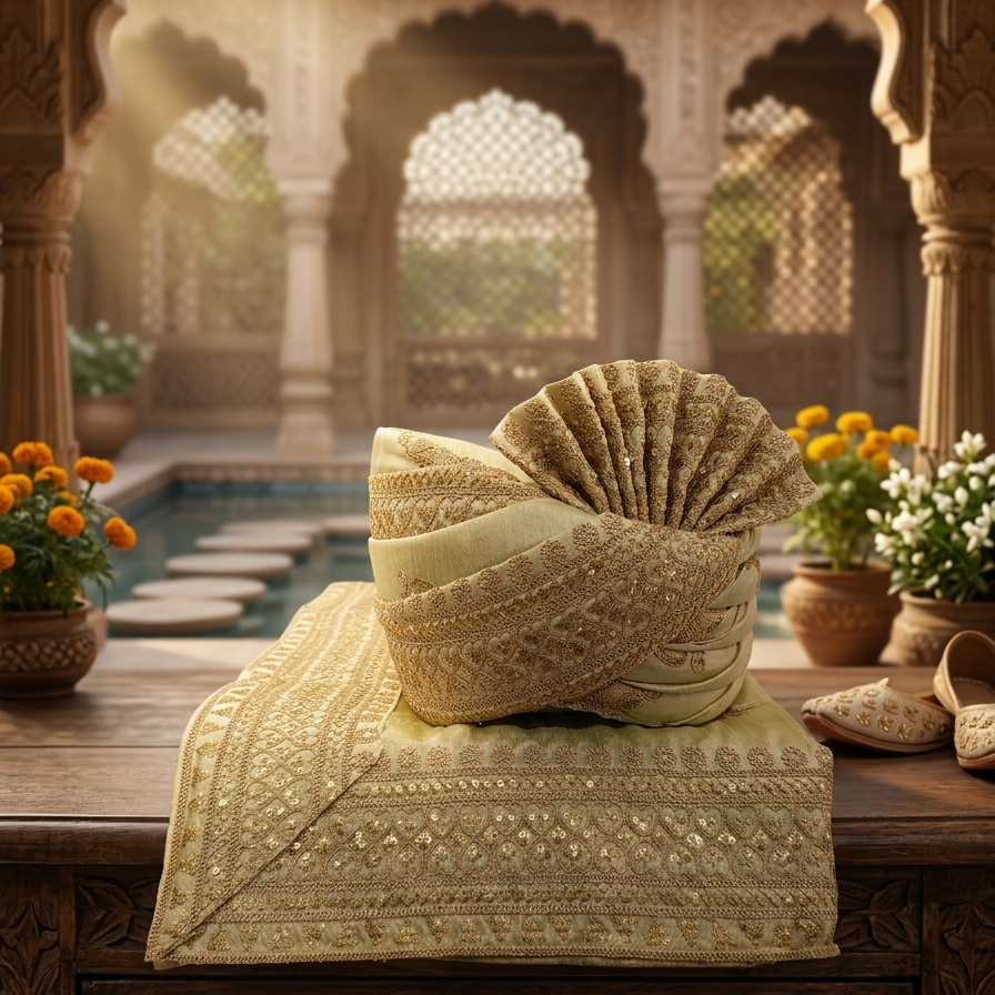 Cream Indian Groom Safa Turban & Shawl Set, Golden Embroidery Border