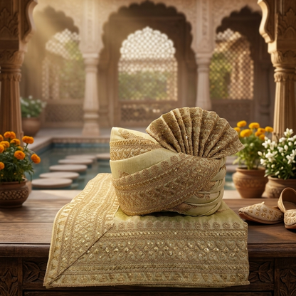 Cream Indian Groom Safa Turban & Shawl Set, Golden Embroidery Border