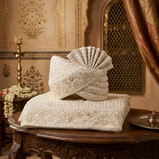 Elegant Ivory Silk Groom Turban Shawl with All-Over Thread Embroidery