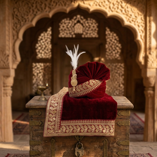 Elegant Red Velvet Groom Turban Shawl with Lace Detailing – Lightweight & Adjustable for Weddings & Special Occasions
