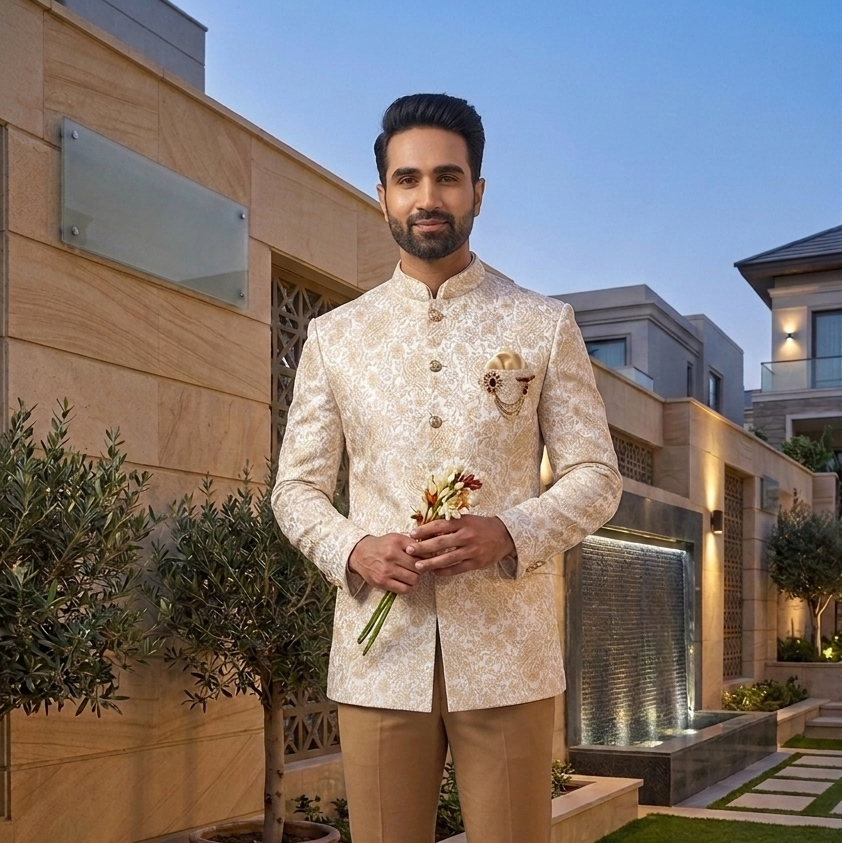 Customizable Beige Jodhpuri Suit in Luxurious Jacquard Fabric, Timeless Elegance, Tailored to You