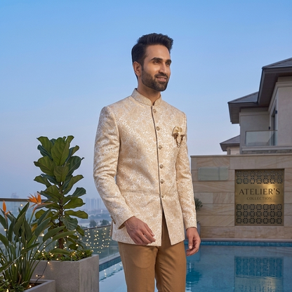 Customizable Beige Jodhpuri Suit in Luxurious Jacquard Fabric, Timeless Elegance, Tailored to You