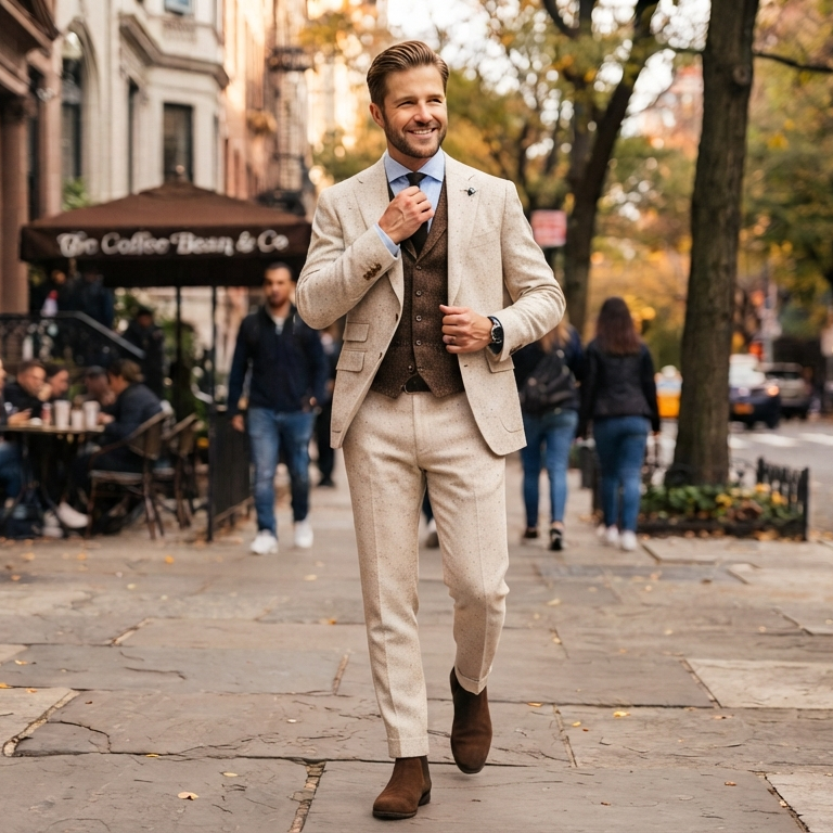 Mens Dark Green Three Piece Suit, Cream Waistcoat, Groom Wedding Suit, Peak Lapel Tuxedo, Custom Made Prom Suit (Copy)