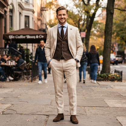 Mens Dark Green Three Piece Suit, Cream Waistcoat, Groom Wedding Suit, Peak Lapel Tuxedo, Custom Made Prom Suit (Copy)