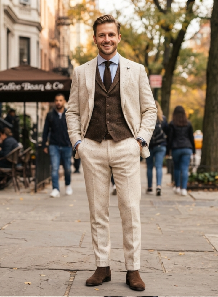 Mens Dark Green Three Piece Suit, Cream Waistcoat, Groom Wedding Suit, Peak Lapel Tuxedo, Custom Made Prom Suit (Copy)
