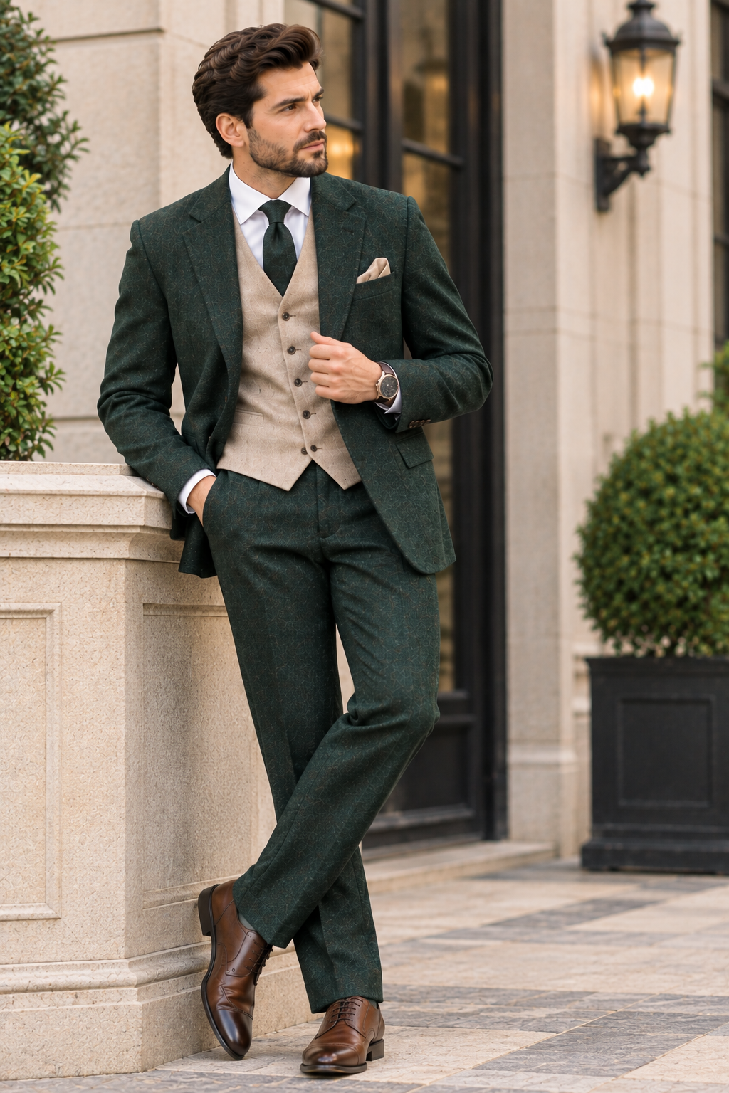 Men’s Dark Green Tweed 3 Piece Suit, Beige Waistcoat, Custom Tailored Wedding Suit