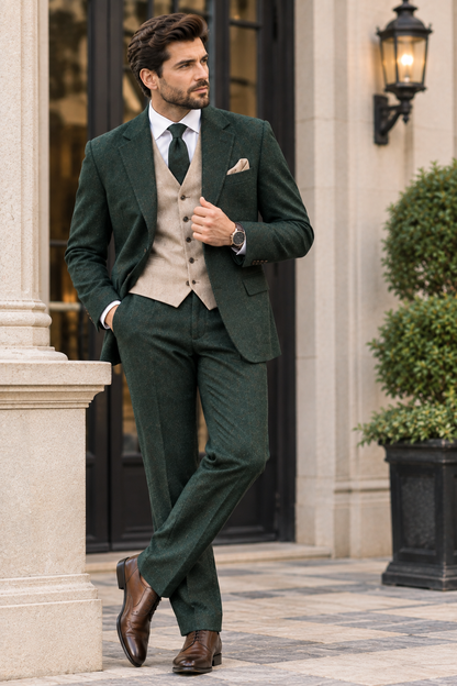 Men’s Dark Green Tweed 3 Piece Suit, Beige Waistcoat, Custom Tailored Wedding Suit