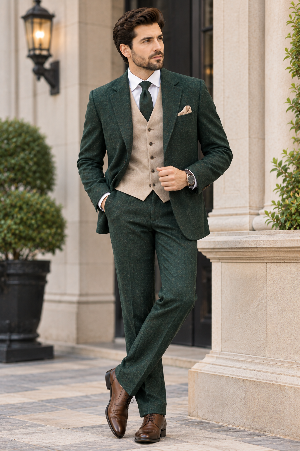 Men’s Dark Green Tweed 3 Piece Suit, Beige Waistcoat, Custom Tailored Wedding Suit