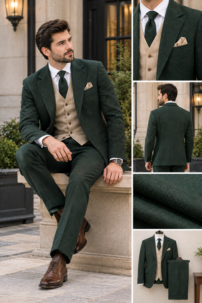 Men’s Dark Green Tweed 3 Piece Suit, Beige Waistcoat, Custom Tailored Wedding Suit