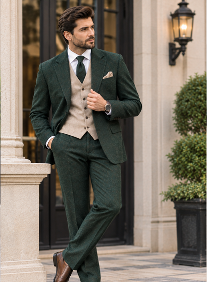 Men’s Dark Green Tweed 3 Piece Suit, Beige Waistcoat, Custom Tailored Wedding Suit