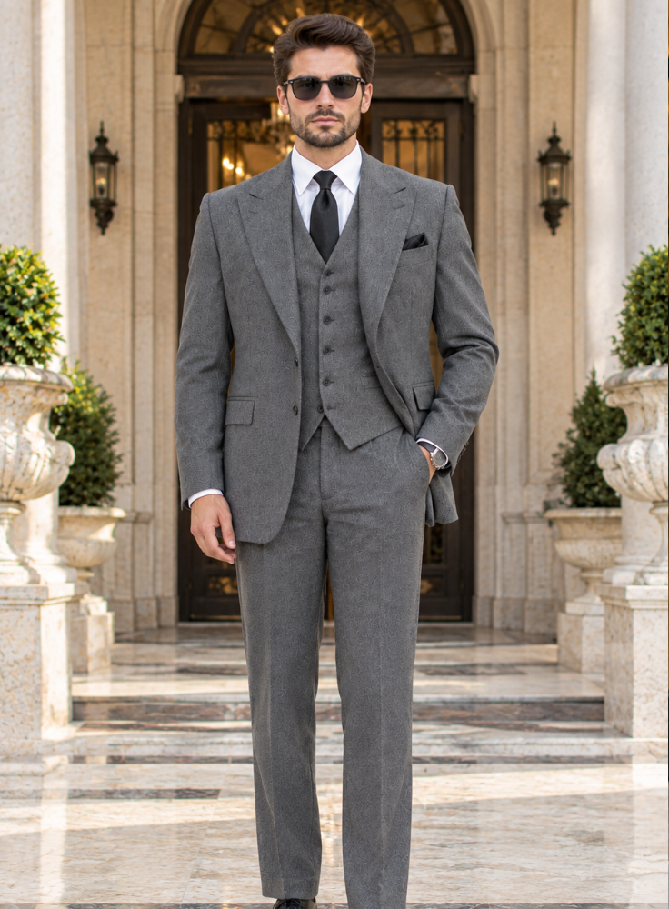 Men’s Gray Tweed 3 Piece Suit, Classic Formal Suit, Custom Made Wedding Suit