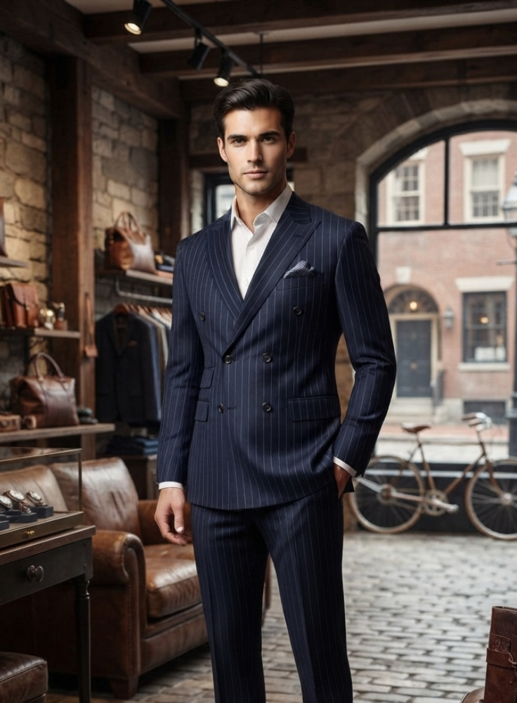 Navy Blue Pinstripe Suit, Men's Double Breasted Suit