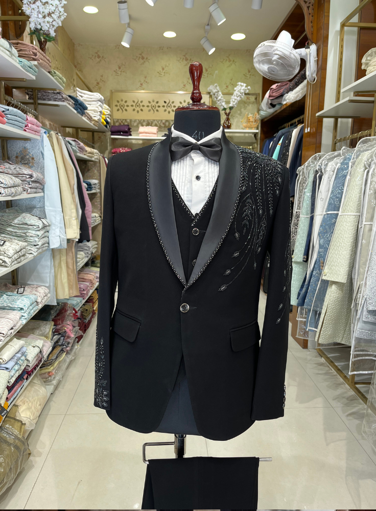 Black Beaded Tuxedo Suit for Men