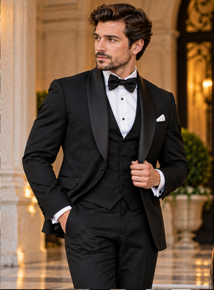 Black Three Piece Tuxedo, Shawl Lapel Dinner Suit