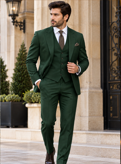 Men’s Forest Green Three Piece Suit, Custom Tailored Terry Rayon Suit
