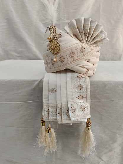 Off-White Embroidered Groom Safa with Shawl, Red Booti Sherwani Turban