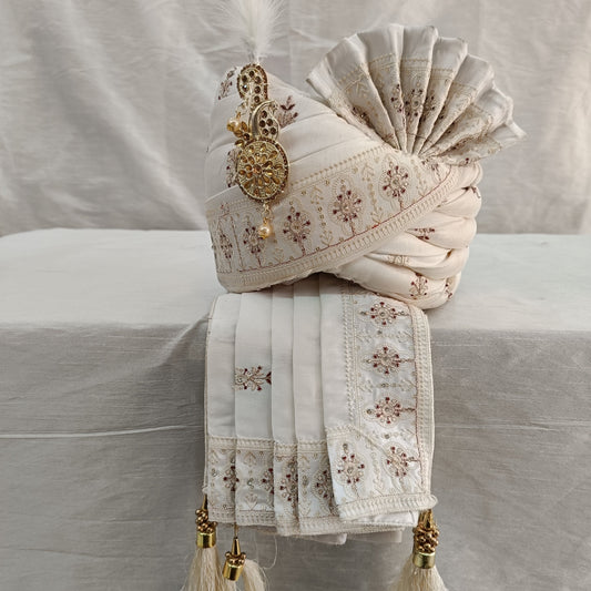 Off-White Embroidered Groom Safa with Shawl, Red Booti Sherwani Turban