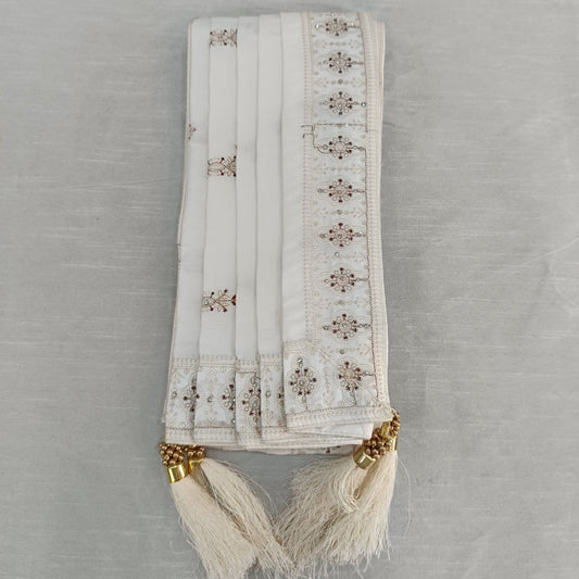 Off-White Embroidered Groom Safa with Shawl, Red Booti Sherwani Turban