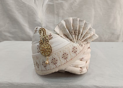 Off-White Embroidered Groom Safa with Shawl, Red Booti Sherwani Turban