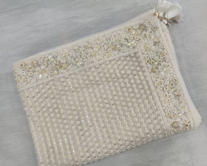 Ivory Shawl with Thread Embroidery – Cotton Silk Fabric for Sherwani or Kurta (50x250 cm)