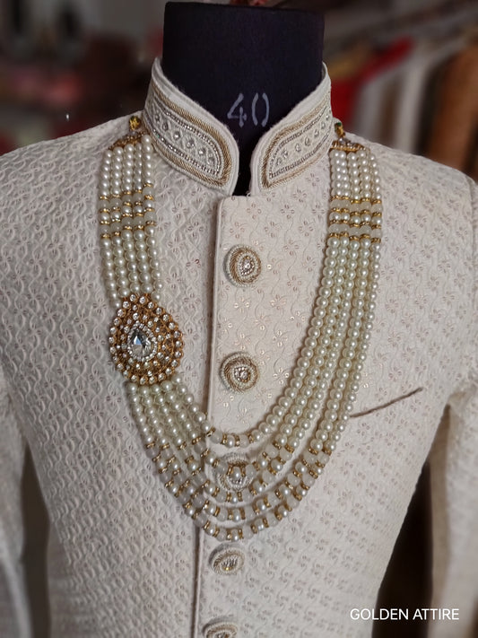 Ivory Groom Kantha Necklace | 5-Layered Pearl Mala with Stone Detailing | Sherwani Bridal Jewelry | Golden Attire