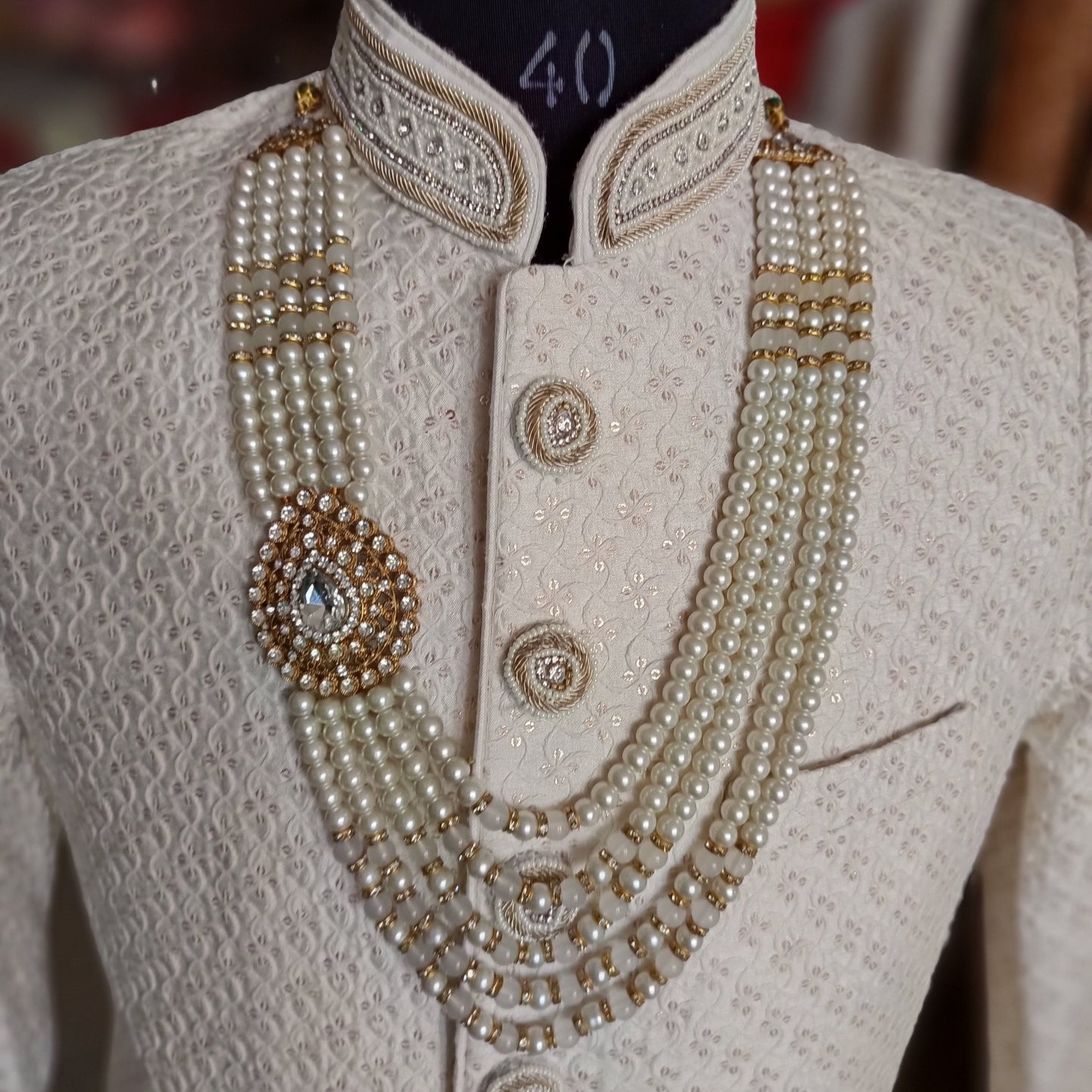 Ivory Groom Kantha Necklace | 5-Layered Pearl Mala with Stone Detailing | Sherwani Bridal Jewelry | Golden Attire