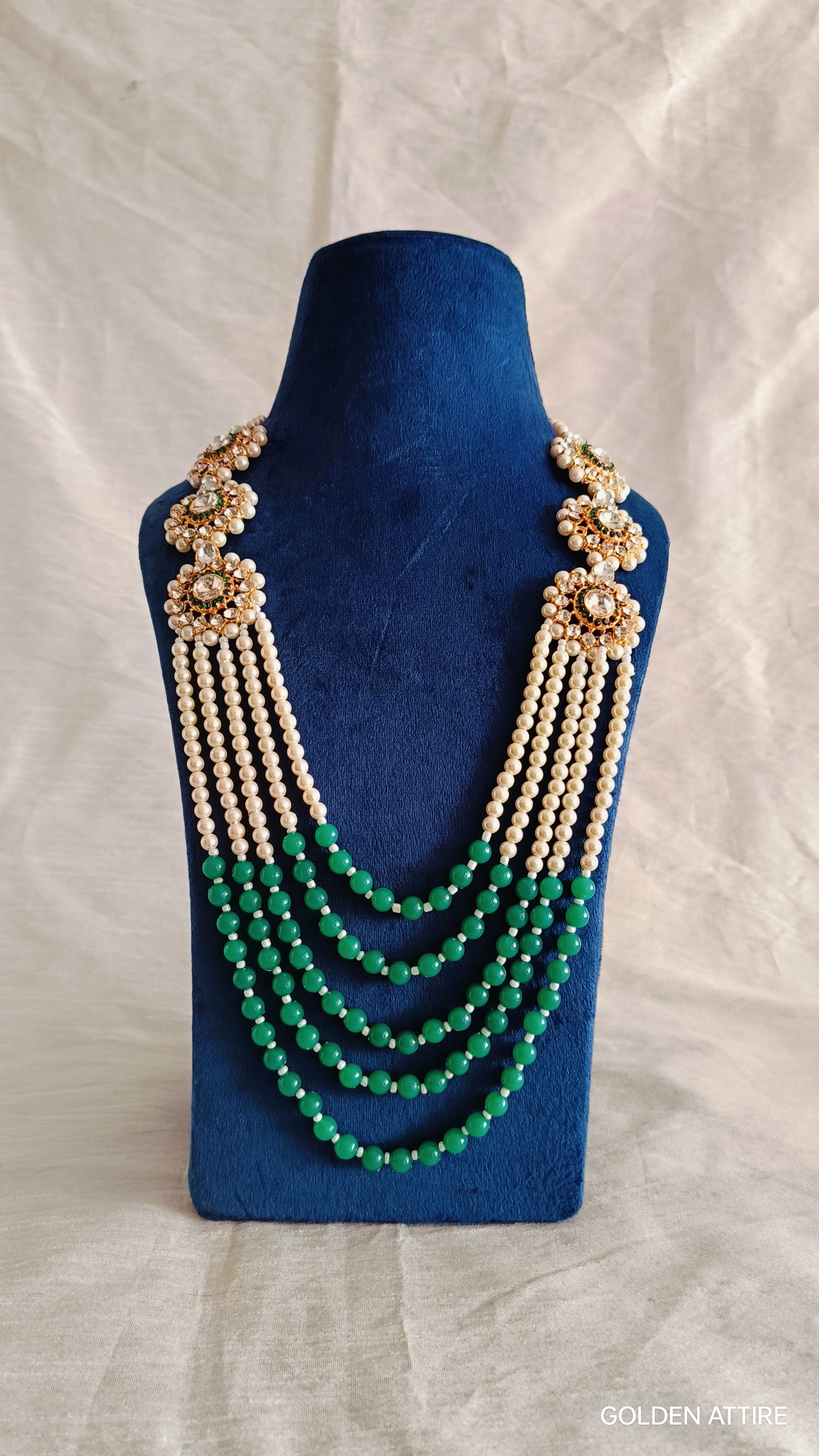 Ivory & Green Maharaja Necklace for Groom | Kundan & Pearl Wedding Mala